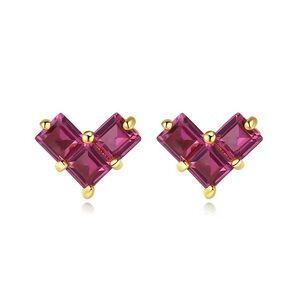 •Delicate Top Quality 925 Silver Vermeil Red CZ Stone Beloved Heart Stud Earring